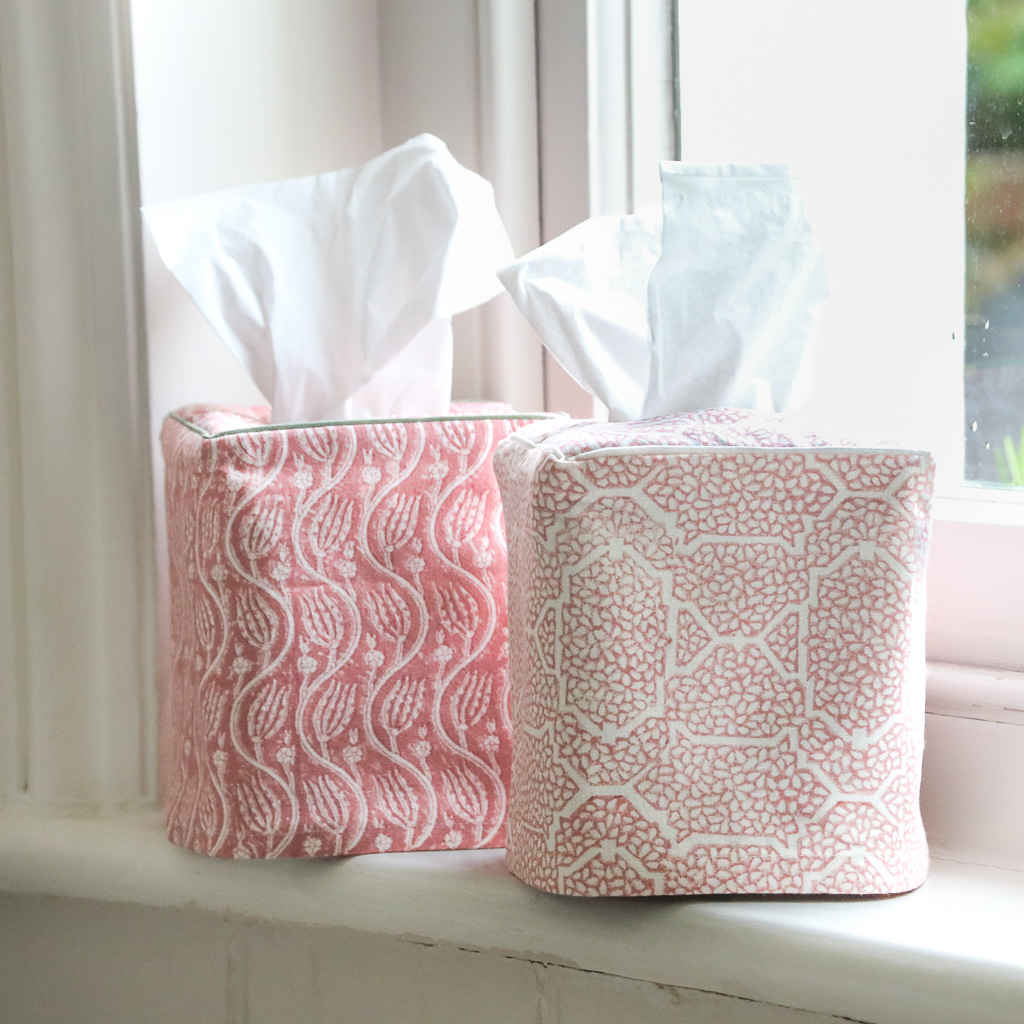 Gita Tissue Box Cover in Dusty Rose and Gauntess Tissue Box Cover in Dark Dusty Rose, shenouk, tissue box covers, tissue box holders, bedroom accessories, indian block print, block print fabrics, home accessories