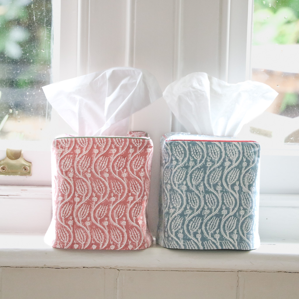 Gita Tissue Box Cover in Denim and Dark Dusty Rose, shenouk, tissue box covers, tissue box holders, bedroom accessories, indian block print, block print fabrics, home accessories