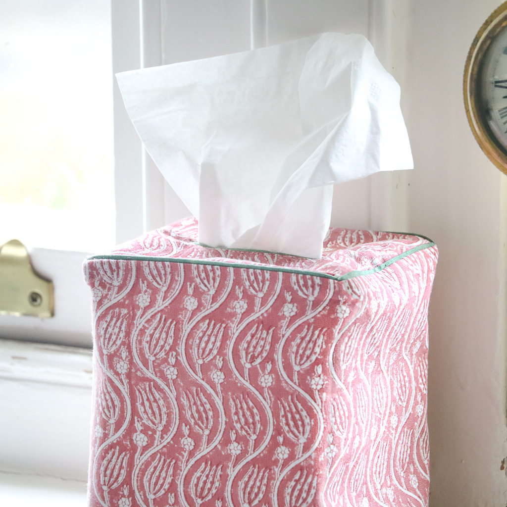 Gita Tissue Box Cover in Dark Dusty Rose, shenouk, tissue box covers, tissue box holders, bedroom accessories, indian block print, block print fabrics, home accessories