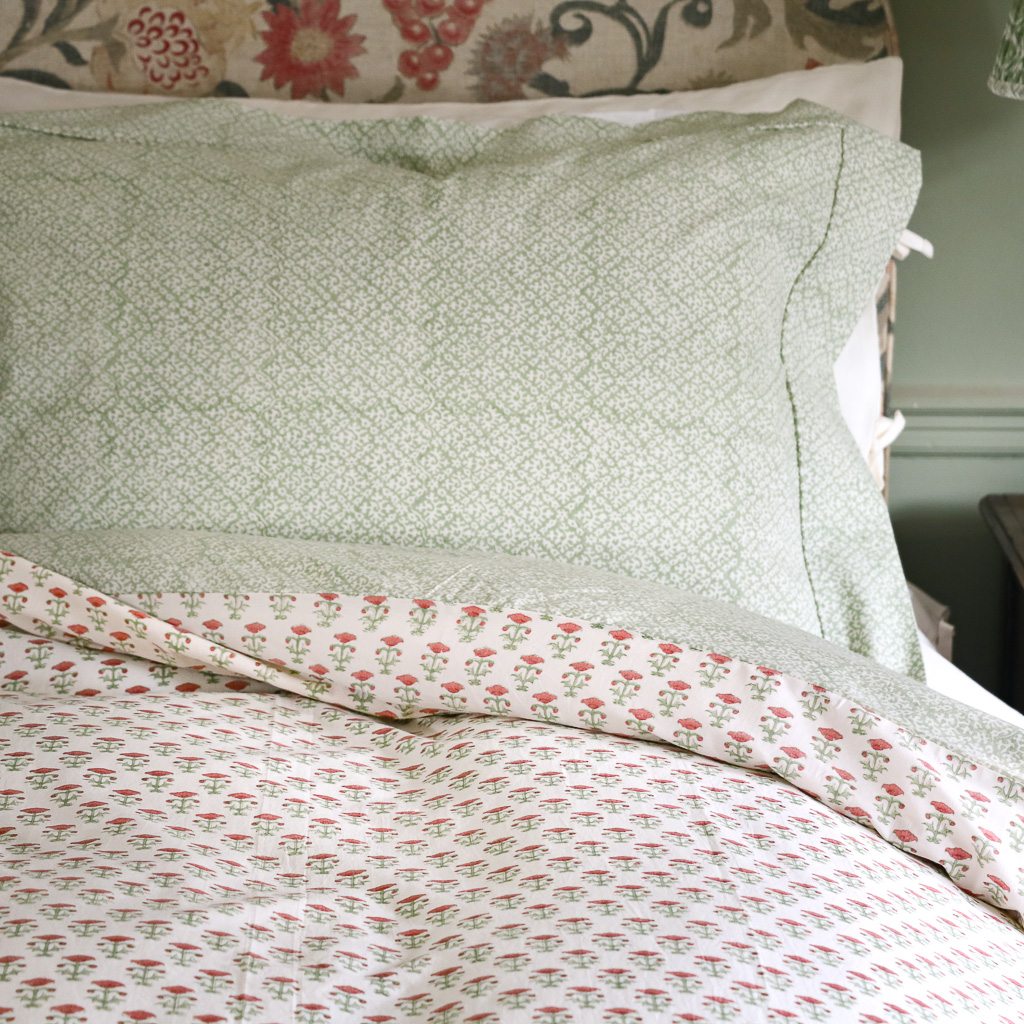 Hazel & Bitta Duvet Cover in Sage, shenouk, indian block print, block print, duvet covers, block print duvet covers, reversible duvet covers, luxury bedding