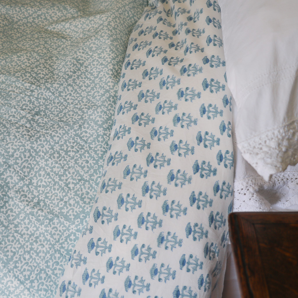 Hazel & Bitta Duvet Cover in Satin Blue, shenouk, indian block print, block print, duvet covers, block print duvet covers, reversible duvet covers, luxury bedding