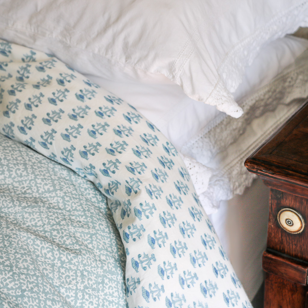 Hazel & Bitta Duvet Cover in Satin Blue, shenouk, indian block print, block print, duvet covers, block print duvet covers, reversible duvet covers, luxury bedding