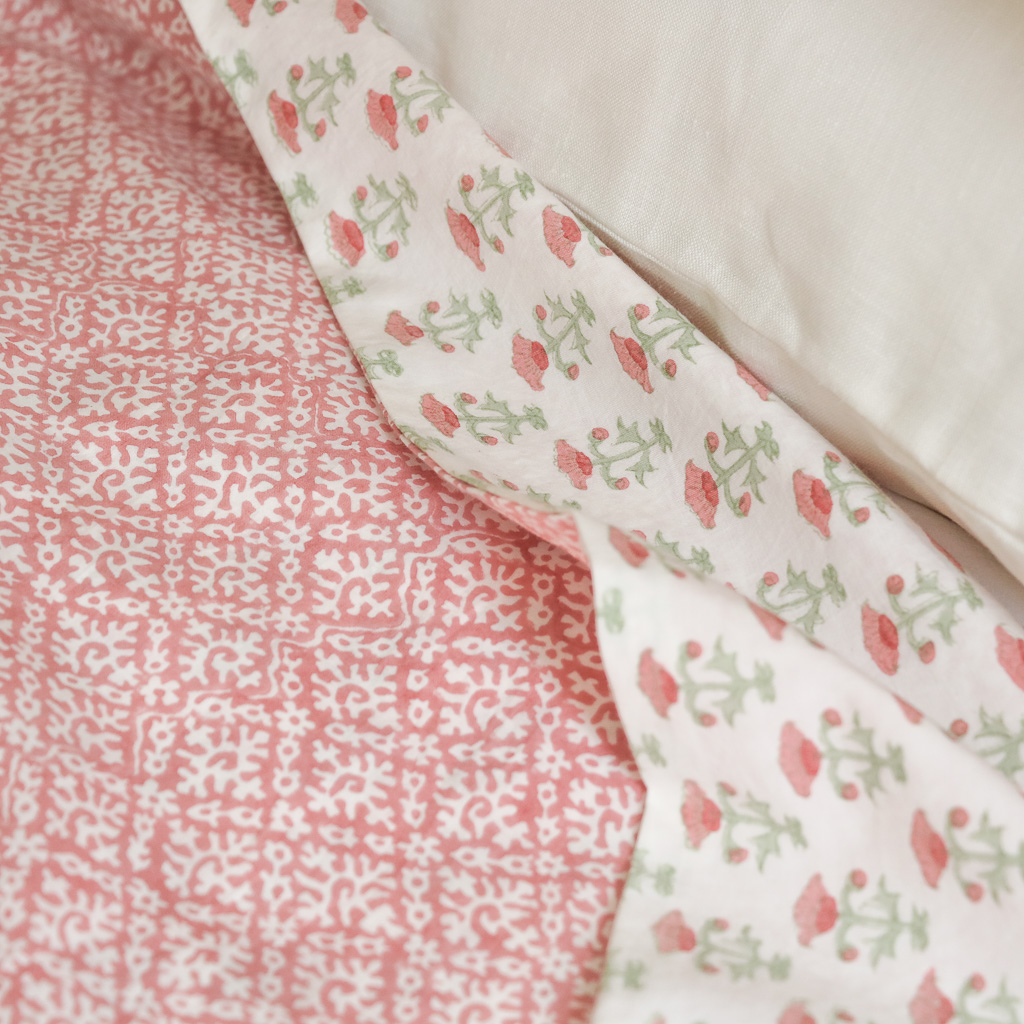 Hazel & Bitta Duvet Cover in Raspberry, shenouk, indian block print, block print, duvet covers, block print duvet covers, reversible duvet covers, luxury bedding