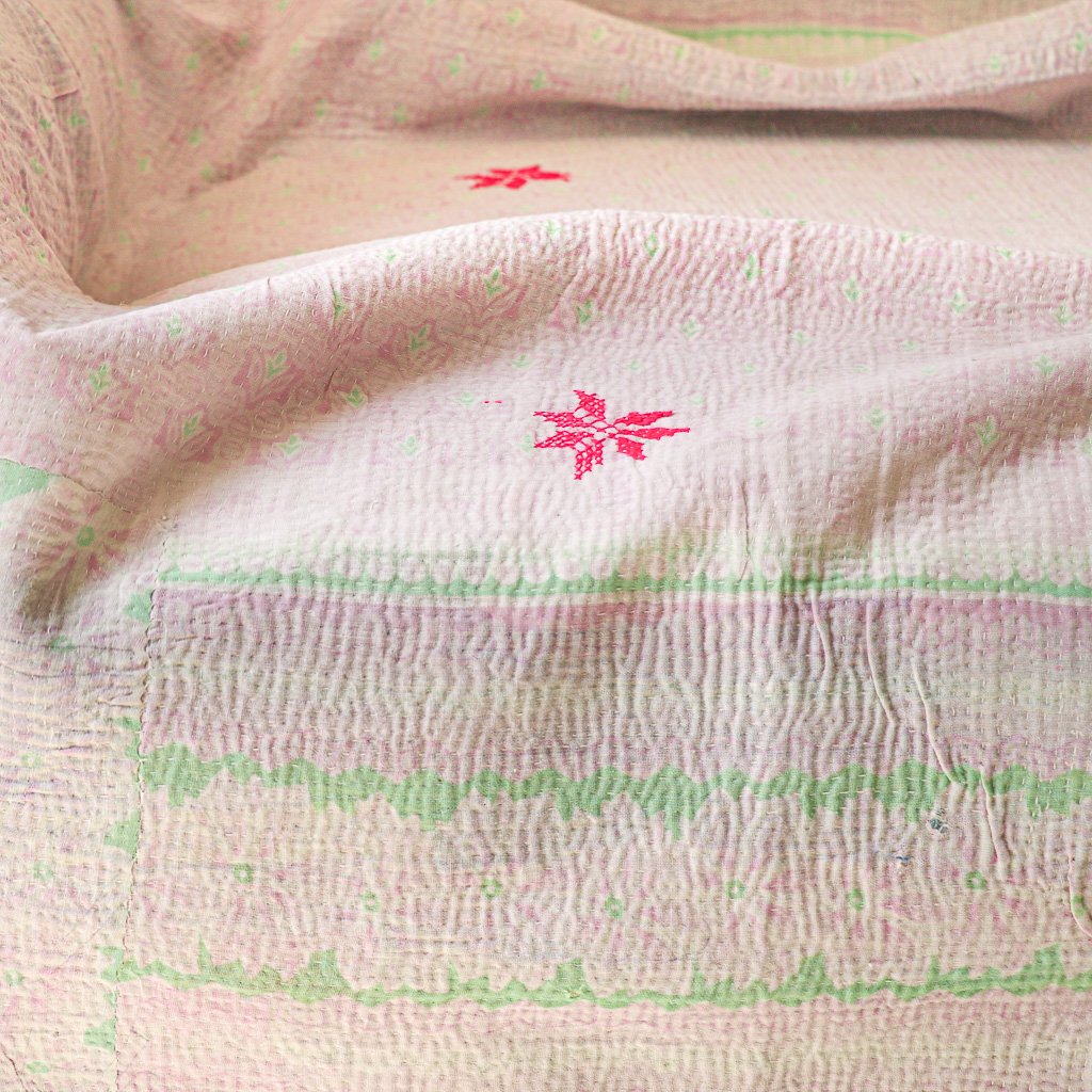 Odette Kantha. Indian hand block print fabric. Block print fabric, vintage kantha, vintage textiles, indian textiles, Indian kantha, Bengali blankets