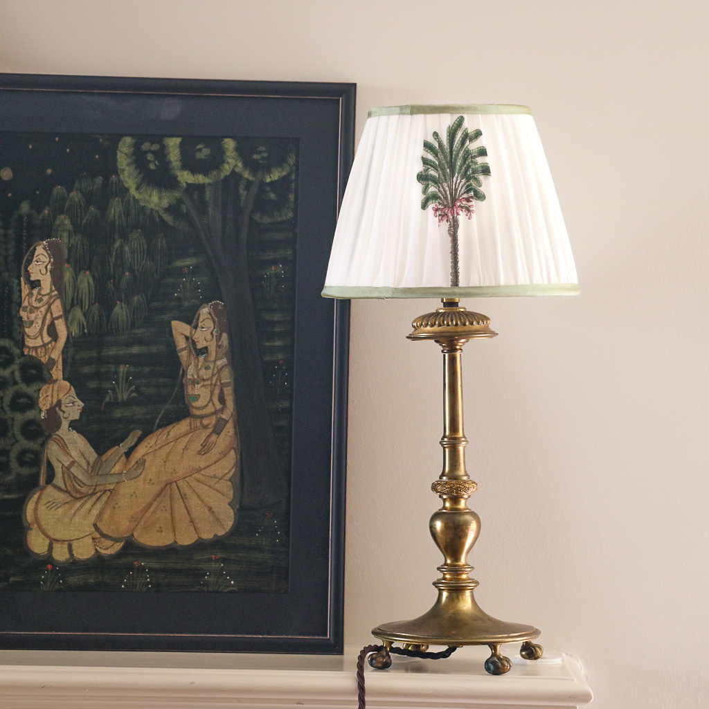 Small Palm Tree Lampshade. Indian block print fabric. Indian block print. Block print fabric. Sari lampshades. Block print lampshades