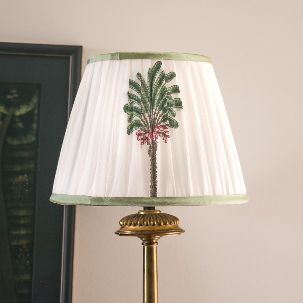 Small Palm Tree Lampshade. Indian block print fabric. Indian block print. Block print fabric. Sari lampshades. Block print lampshades