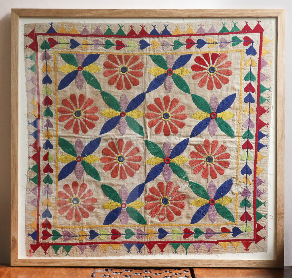Codman Farm, framed vintage textiles, indian embroidery, indian textiles, vintage indian textiles, framed textiles, framed indian textiles, shenouk, indian embroidery, framed indian embroidery