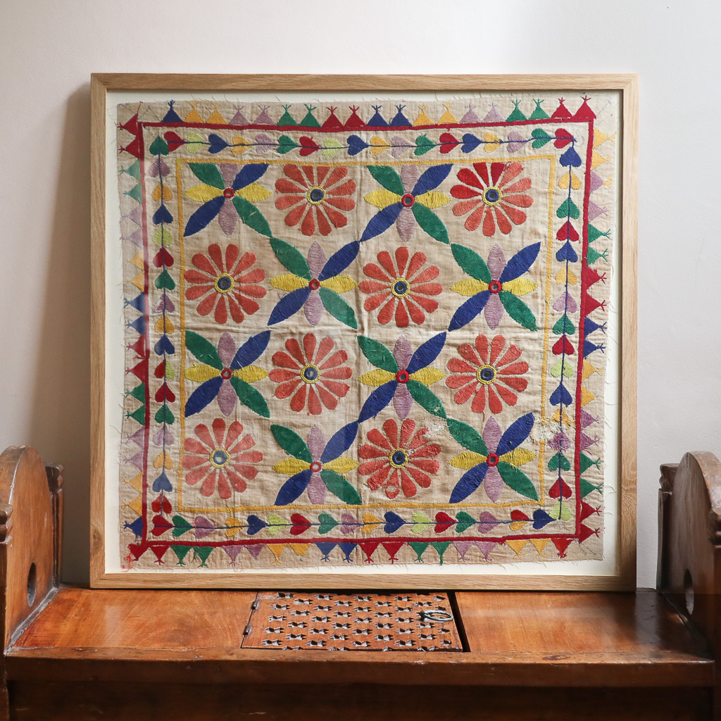 Codman Farm, framed vintage textiles, indian embroidery, indian textiles, vintage indian textiles, framed textiles, framed indian textiles, shenouk, indian embroidery, framed indian embroidery