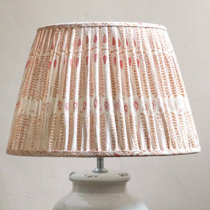 Carolla Lampshade, shenouk, luxury lampshades, indian lampshades, linen lampshades, indian block print, indian textiles, indian block print lampshades, block print lampshades, gathered lampshades, pleated lampshades