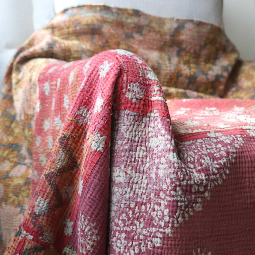 Trixie Kantha. Indian hand block print fabric. Block print fabric, vintage kantha, vintage textiles, indian textiles, Indian kantha, shenouk, Bengali blankets