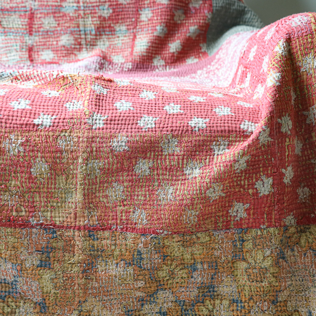 Trixie Kantha. Indian hand block print fabric. Block print fabric, vintage kantha, vintage textiles, indian textiles, Indian kantha, shenouk, Bengali blankets