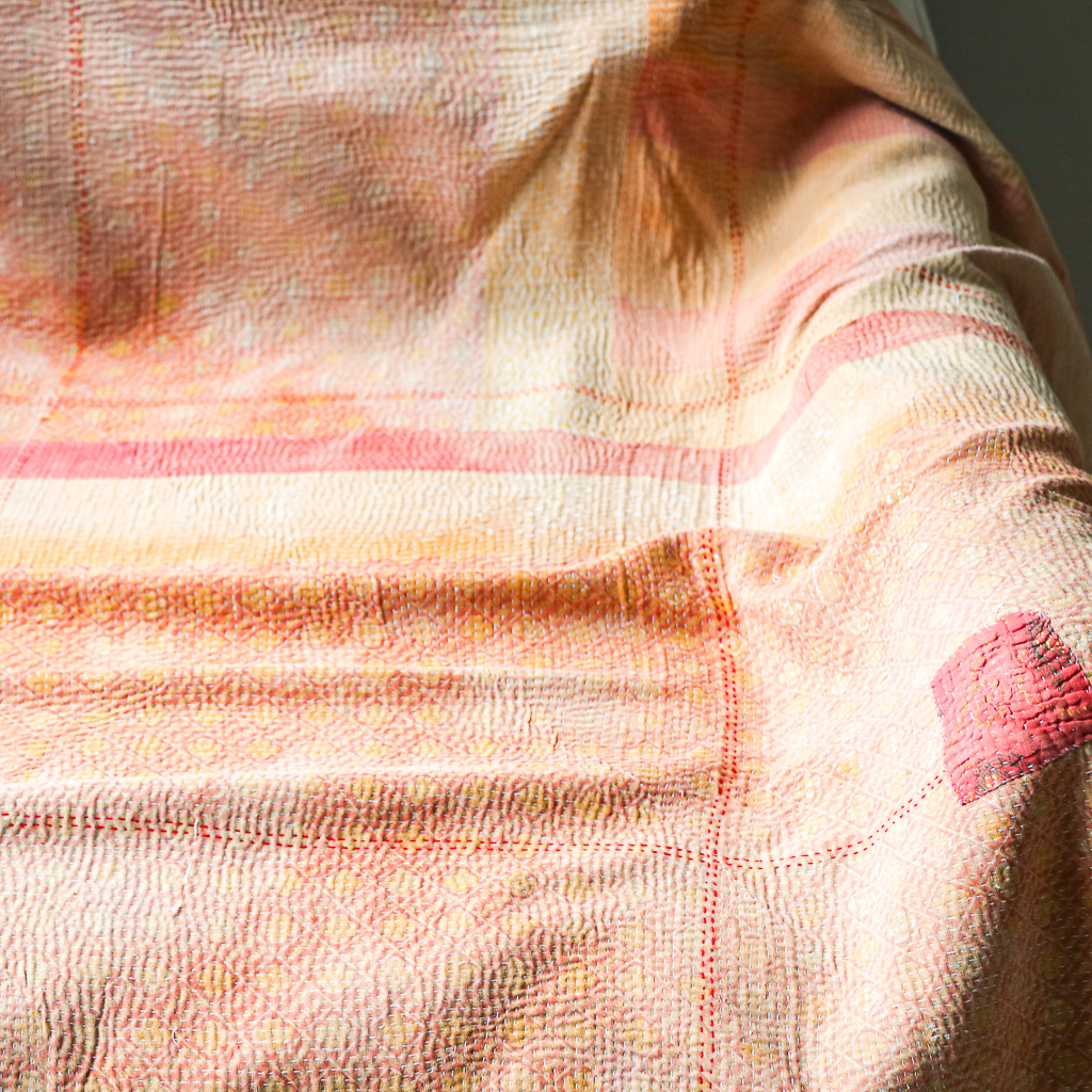 Fifi Kantha. Indian hand block print fabric. Block print fabric, vintage kantha, vintage textiles, indian textiles, Indian kantha, shenouk, Bengali blankets