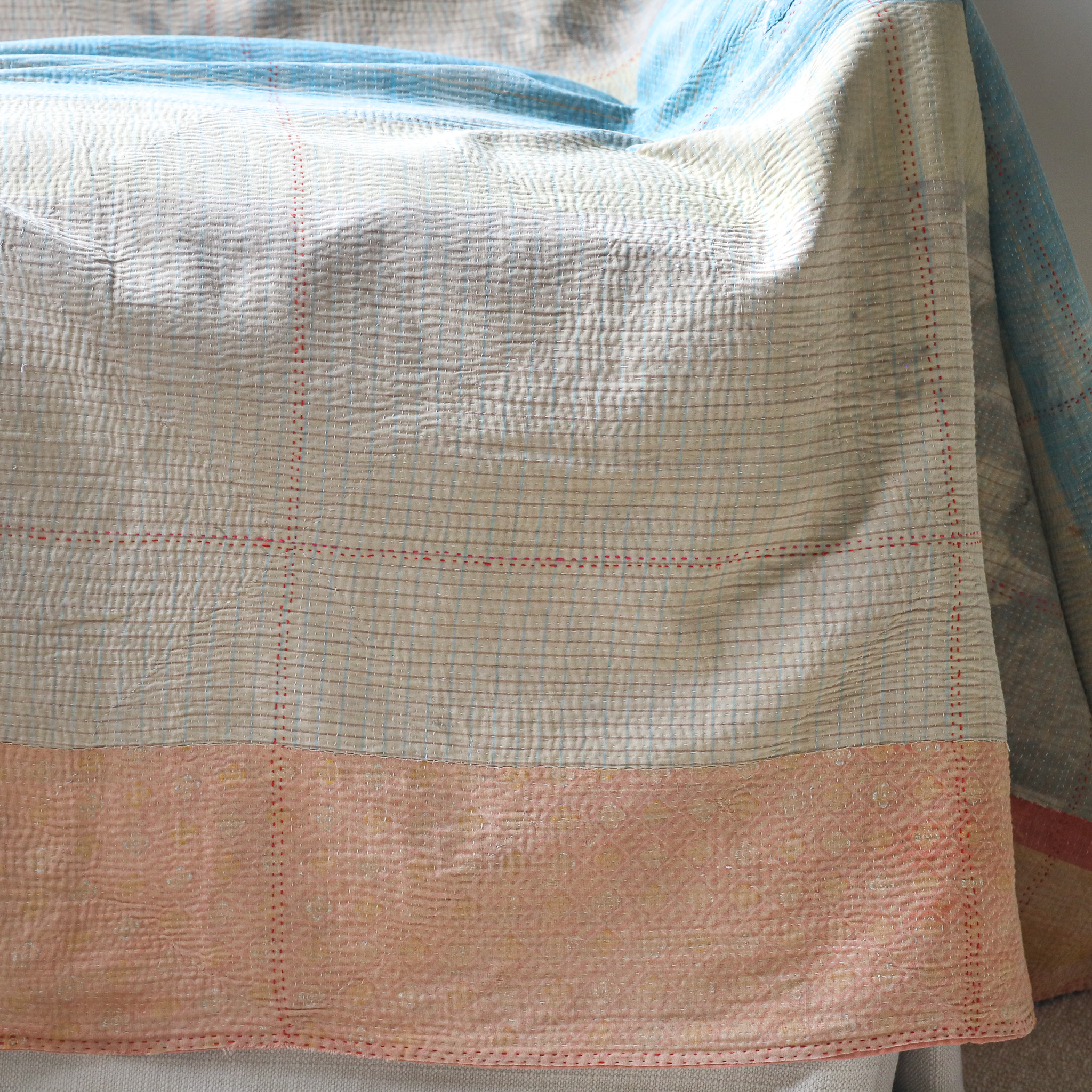 Fifi Kantha. Indian hand block print fabric. Block print fabric, vintage kantha, vintage textiles, indian textiles, Indian kantha, shenouk, Bengali blankets