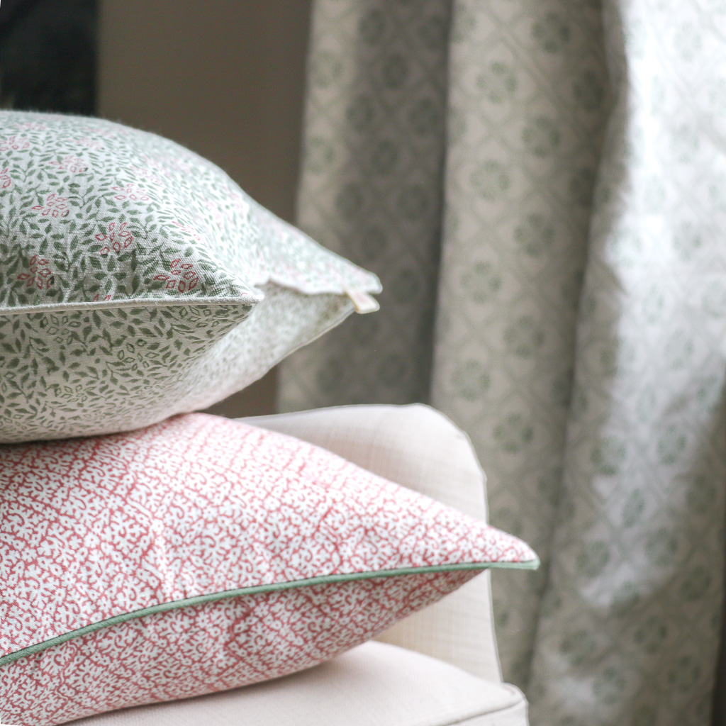 Hazel Cushion in Dusty Rose & Sage, Stina Cushion in Sage & Dusty Rose, shenouk, block print cushions, indian block print, indian block print fabric, linen block print, linen cushions, indian textiles, indian block print cushions, linen cushions