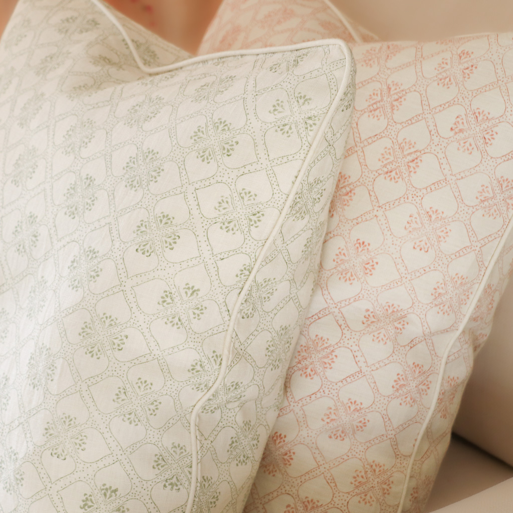 Tashi Cushion in Thyme & Tashi Cushion in Raspberry, shenouk, block print cushions, indian block print, indian block print fabric, linen block print, linen cushions, indian textiles, indian block print cushions, linen cushions
