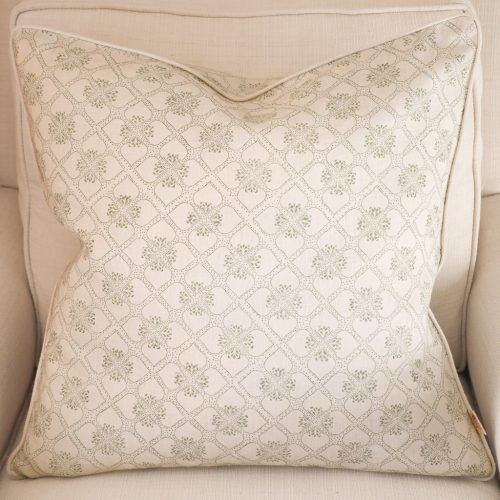 Tashi Cushion in Thyme, shenouk, block print cushions, indian block print, indian block print fabric, linen block print, linen cushions, indian textiles, indian block print cushions, linen cushions