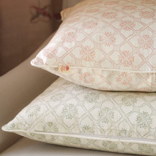 Tashi Cushion in Thyme & Tashi Cushion in Dusty Rose, shenouk, block print cushions, indian block print, indian block print fabric, linen block print, linen cushions, indian textiles, indian block print cushions, linen cushions