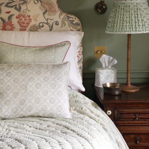 Tashi Cushion in Thyme, Kiki & Gauntess Quilt in Sage, Hazel Cushion in Sage, shenouk, block print cushions, indian block print, indian block print fabric, linen block print, linen cushions, indian textiles, indian block print cushions, linen cushions, block print quilts, block print bedding