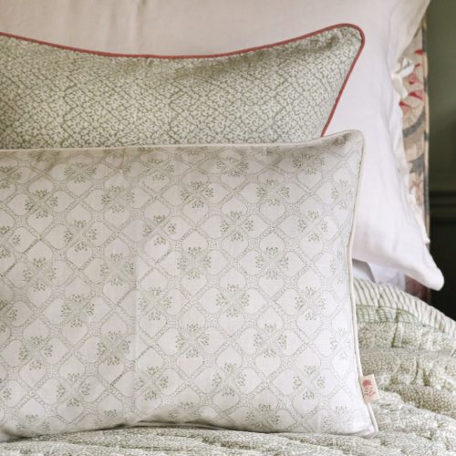 Tashi Cushion in Thyme, Hazel Cushion in Sage, shenouk, block print cushions, indian block print, indian block print fabric, linen block print, linen cushions, indian
