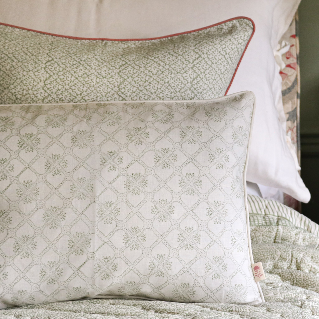 Tashi Cushion in Thyme, Hazel Cushion in Sage, shenouk, block print cushions, indian block print, indian block print fabric, linen block print, linen cushions, indian