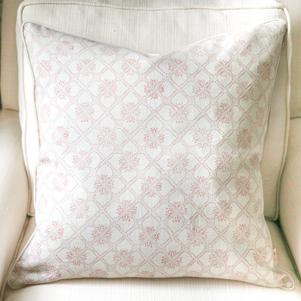 Tashi Cushion in Raspberry, shenouk, block print cushions, indian block print, indian block print fabric, linen block print, linen cushions, indian textiles, indian block print cushions, linen cushions