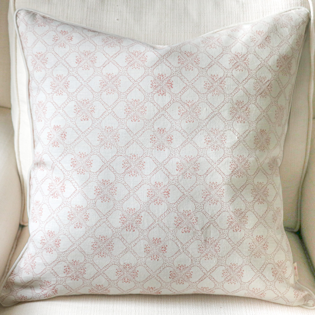 Tashi Cushion in Raspberry, shenouk, block print cushions, indian block print, indian block print fabric, linen block print, linen cushions, indian textiles, indian block print cushions, linen cushions