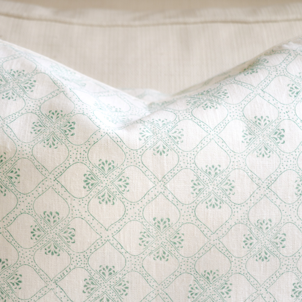 Tashi Cushion in Peacock, shenouk, block print cushions, indian block print, indian block print fabric, linen block print, linen cushions, indian textiles, indian block print cushions, linen cushions