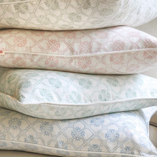 Tashi Cushion in Swedish Blue, Tashi Cushion in Raspberry, Tashi Cushion in Peacock, Tashi Cushion in Thyme, shenouk, block print cushions, indian block print, indian block print fabric, linen block print, linen cushions, indian textiles, indian block print cushions, linen cushions