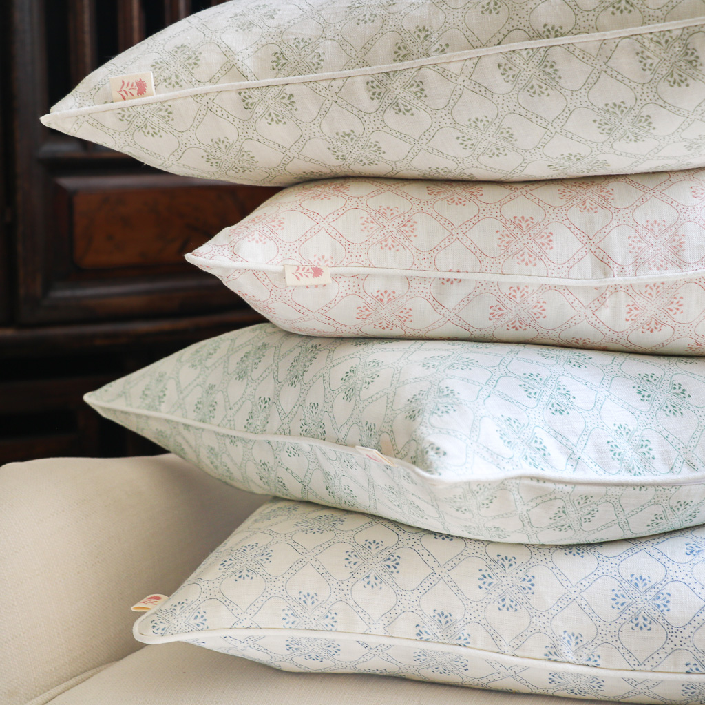 Tashi Cushion in Swedish Blue, Tashi Cushion in Raspberry, Tashi Cushion in Peacock, Tashi Cushion in Thyme, shenouk, block print cushions, indian block print, indian block print fabric, linen block print, linen cushions, indian textiles, indian block print cushions, linen cushions