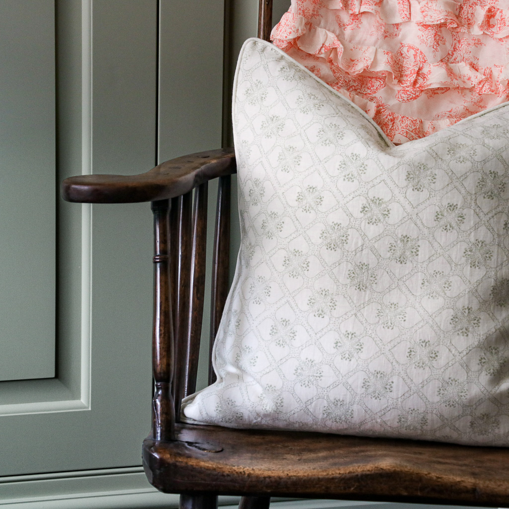 Tashi Cushion in Thyme, shenouk, block print cushions, indian block print, indian block print fabric, linen block print, linen cushions, indian textiles, indian block print cushions, linen cushions