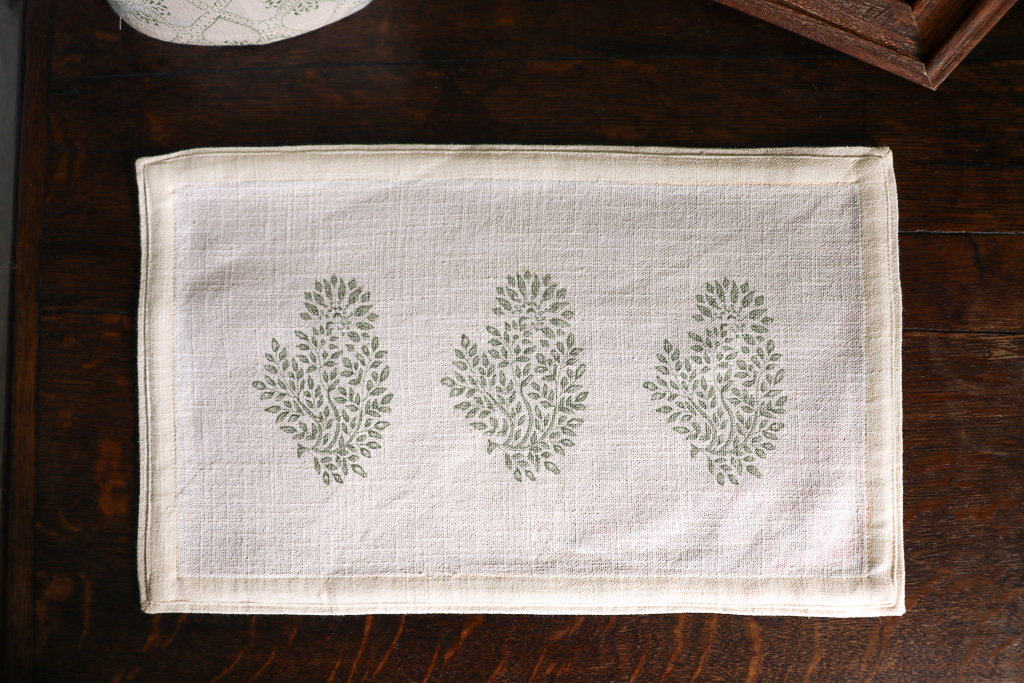 Mira Accent Mat in Thyme, Block print fabrics, block print home accessories, block print bedroom accessories, indian block print, shenouk, indian block print textiles