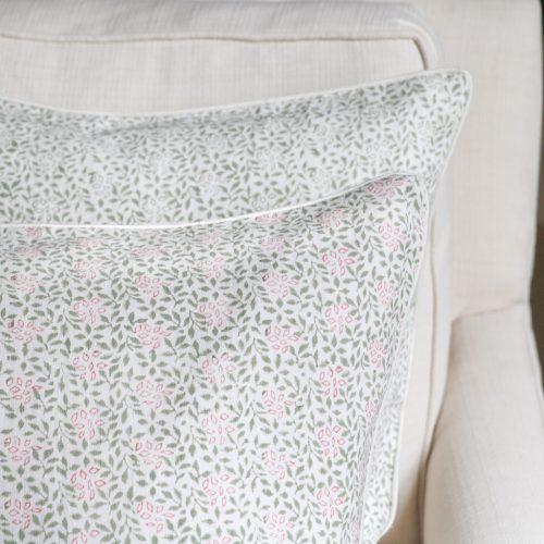 Stina Cushion in Sage & Dusty Rose, shenouk, block print cushions, indian block print, indian block print fabric, linen block print, linen cushions, indian textiles, indian block print cushions, linen cushions