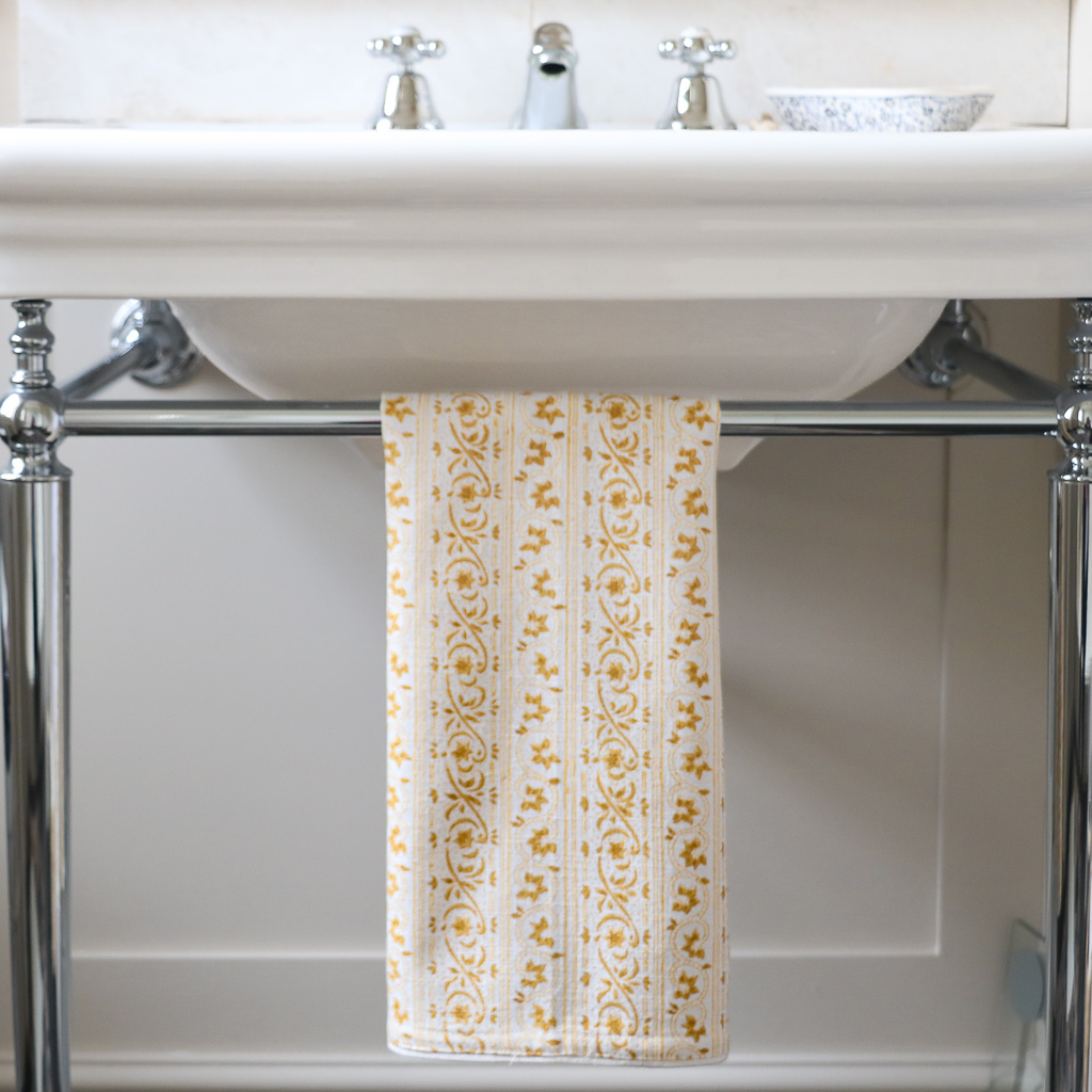 Adelaide Hand Towel in Daffodil, block print textiles, indian block print textiles, block print hand towels, block print tea towels, shenouk, block print home accessories, hand towels, yellow hand towels