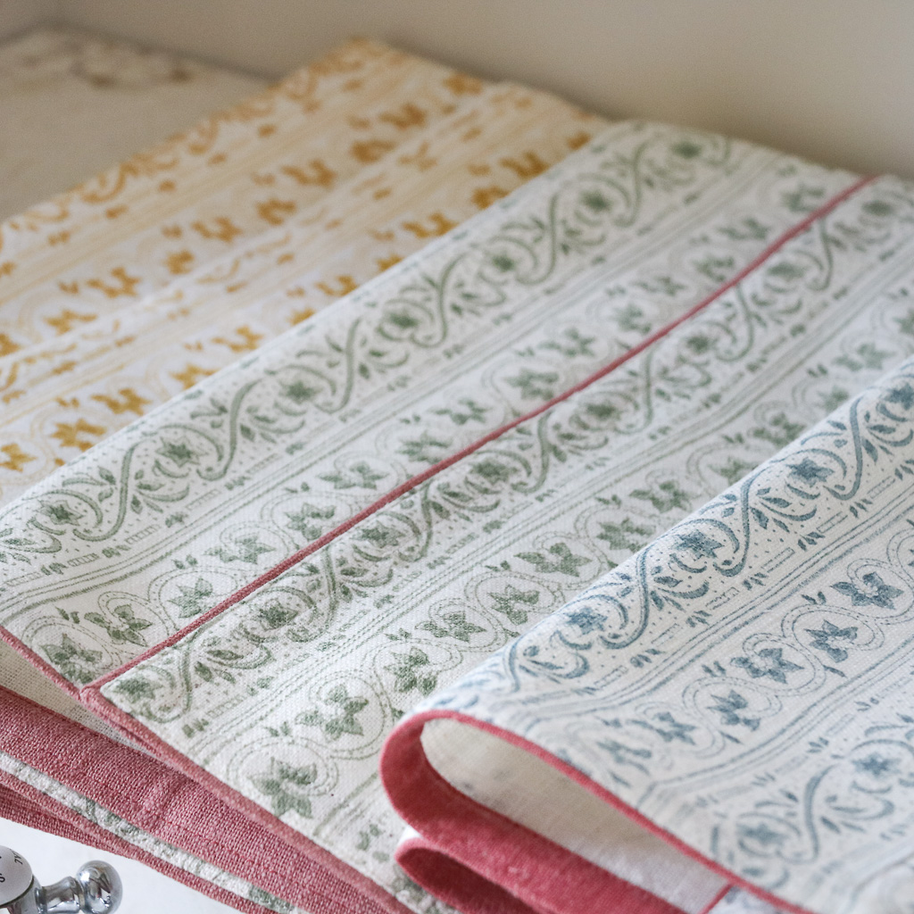 Adelaide Hand Towel in Daffodil, Swedish Blue & Thyme, block print textiles, indian block print textiles, block print hand towels, block print tea towels, shenouk, block print home accessories, hand towels, block print fabrics, handmade textiles