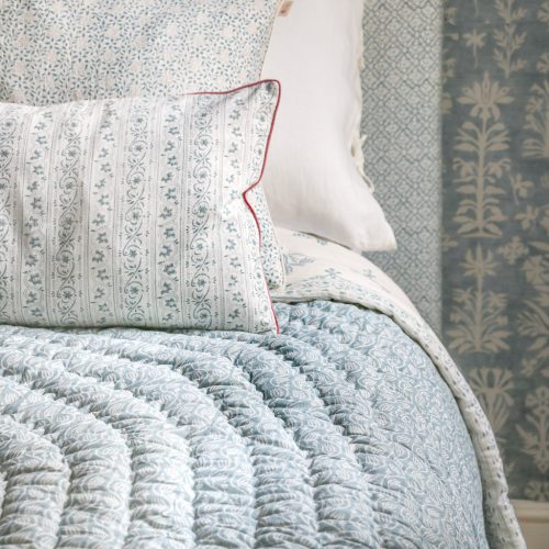 Stina Cushion in Denim & Berry, Gita & Cornelia Quilt in Denim, Adelaide Cushion in Denim, shenouk, block print cushions, indian block print, indian block print fabric, linen block print, linen cushions, indian textiles, indian block print cushions, linen cushions