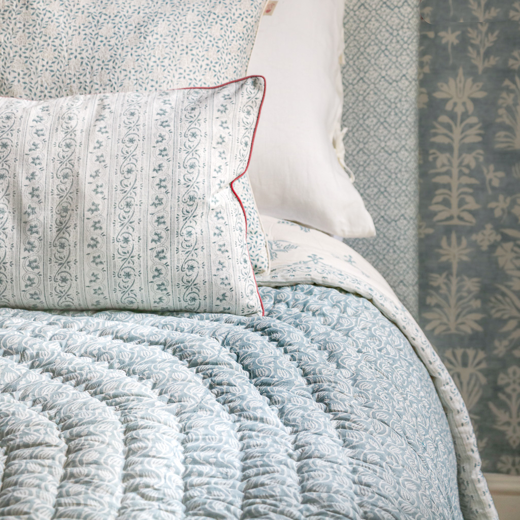 Stina Cushion in Denim & Berry, Gita & Cornelia Quilt in Denim, Adelaide Cushion in Denim, shenouk, block print cushions, indian block print, indian block print fabric, linen block print, linen cushions, indian textiles, indian block print cushions, linen cushions