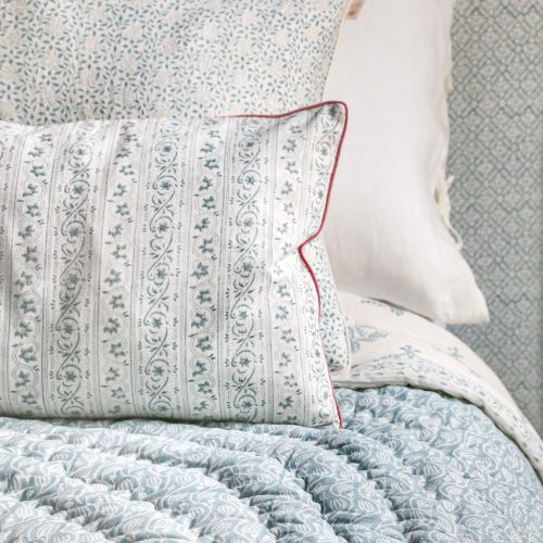 Stina Cushion in Denim & Berry, Gita & Cornelia Quilt in Denim, Adelaide Cushion in Denim, shenouk, block print cushions, indian block print, indian block print fabric, linen block print, linen cushions, indian textiles, indian block print cushions, linen cushions