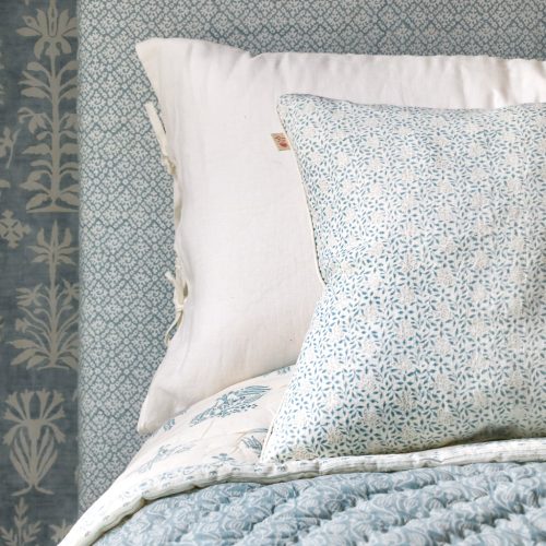 Stina Cushion in Denim & Berry, Gita & Cornelia Quilt in Denim, shenouk, block print cushions, indian block print, indian block print fabric, linen block print, linen cushions, indian textiles, indian block print cushions, linen cushions