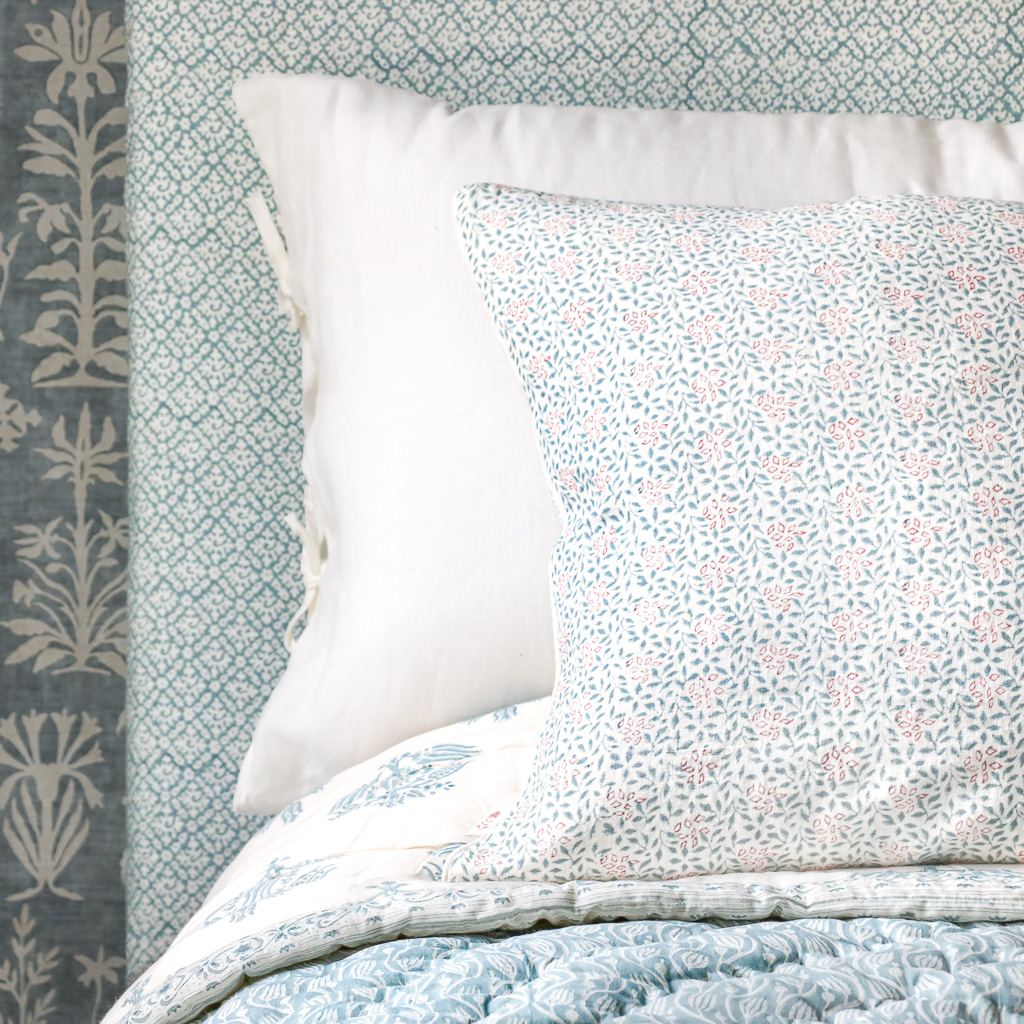 Stina Cushion in Denim & Berry, Gita & Cornelia Quilt in Denim, shenouk, block print cushions, indian block print, indian block print fabric, linen block print, linen cushions, indian textiles, indian block print cushions, linen cushions