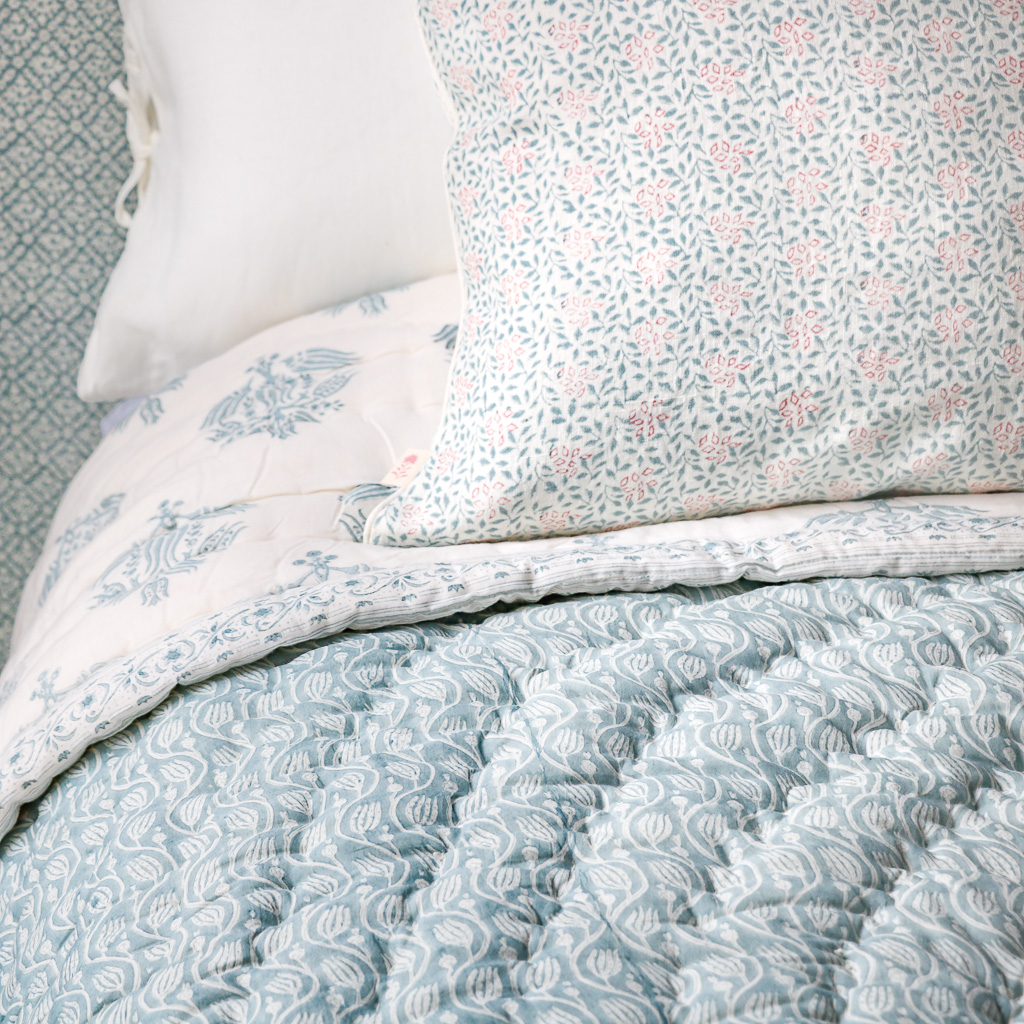 Stina Cushion in Denim & Berry, Gita & Cornelia Quilt in Denim, shenouk, block print cushions, indian block print, indian block print fabric, linen block print, linen cushions, indian textiles, indian block print cushions, linen cushions