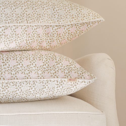 Stina Cushion in Khaki & Dusty Rose shenouk, block print cushions, indian block print, indian block print fabric, linen block print, linen cushions, indian textiles, indian block print cushions, linen cushions