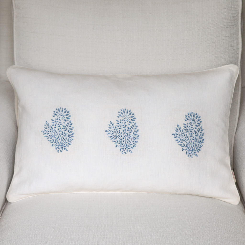 Mira Cushion in Swedish Blue, shenouk, block print cushions, indian block print, indian block print fabric, linen block print, linen cushions, indian textiles, indian block print cushions, linen cushions