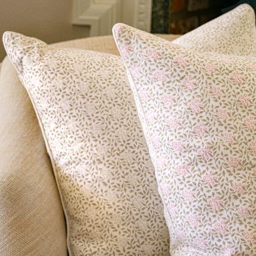 Stina Cushion in Khaki & Dusty Rose shenouk, block print cushions, indian block print, indian block print fabric, linen block print, linen cushions, indian textiles, indian block print cushions, linen cushions