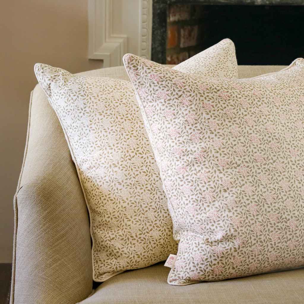 Stina Cushion in Khaki & Dusty Rose shenouk, block print cushions, indian block print, indian block print fabric, linen block print, linen cushions, indian textiles, indian block print cushions, linen cushions