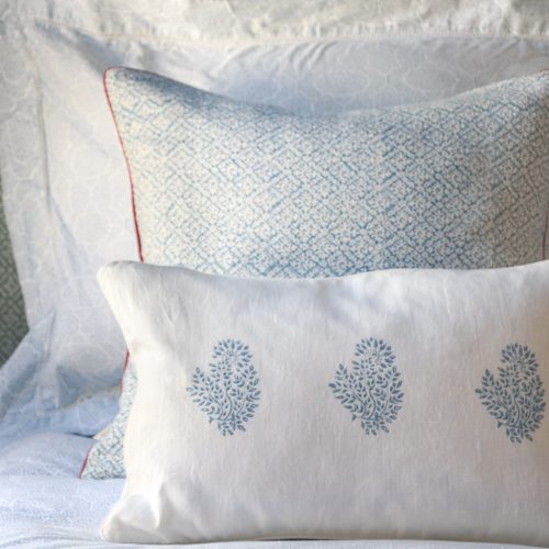 Hazel Cushion in Swedish Blue, Mira Cushion in Swedish Blue, shenouk, block print cushions, indian block print, indian block print fabric, linen block print, linen cushions, indian textiles, indian block print cushions, linen cushions