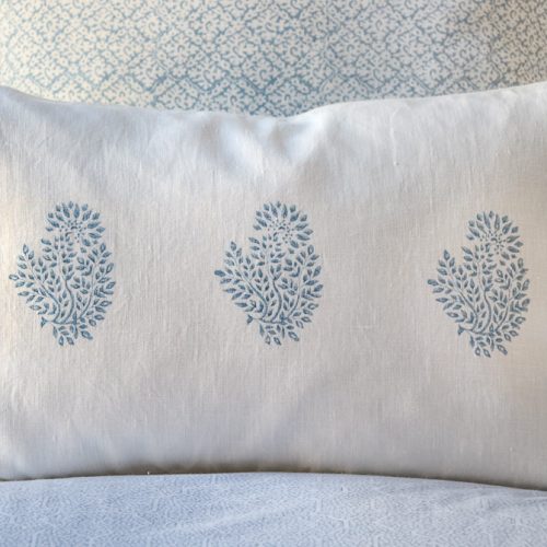 Mira Cushion in Swedish Blue, shenouk, block print cushions, indian block print, indian block print fabric, linen block print, linen cushions, indian textiles, indian block print cushions, linen cushions