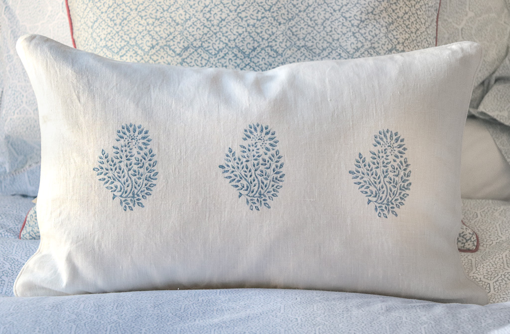 Mira Cushion in Swedish Blue, shenouk, block print cushions, indian block print, indian block print fabric, linen block print, linen cushions, indian textiles, indian block print cushions, linen cushions