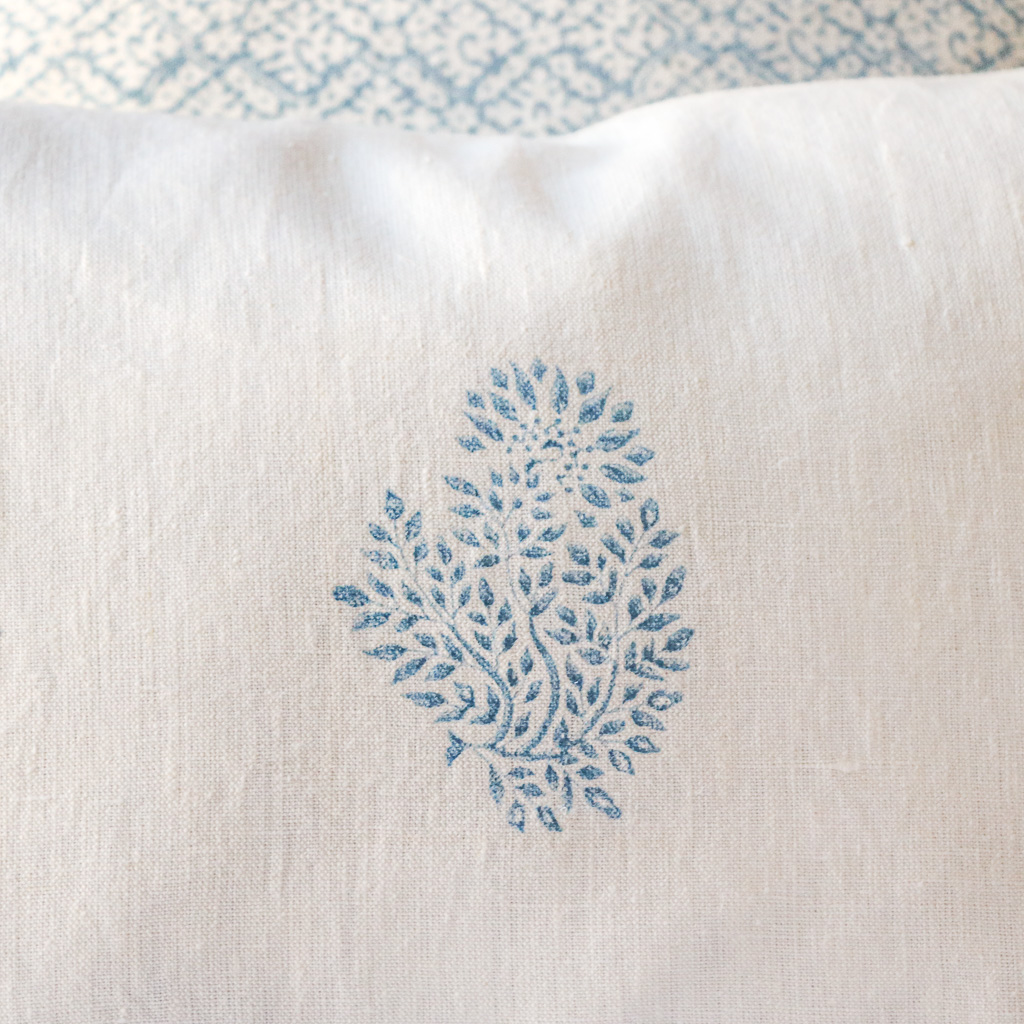 Mira Cushion in Swedish Blue, shenouk, block print cushions, indian block print, indian block print fabric, linen block print, linen cushions, indian textiles, indian block print cushions, linen cushions