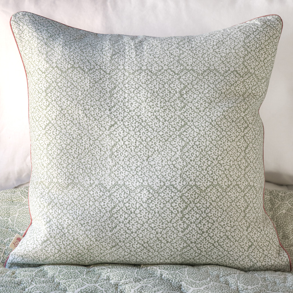 Hazel Cushion in Sage & Dusty Rose, shenouk, block print cushions, indian block print, indian block print fabric, linen block print, linen cushions, indian textiles, indian block print cushions, linen cushions