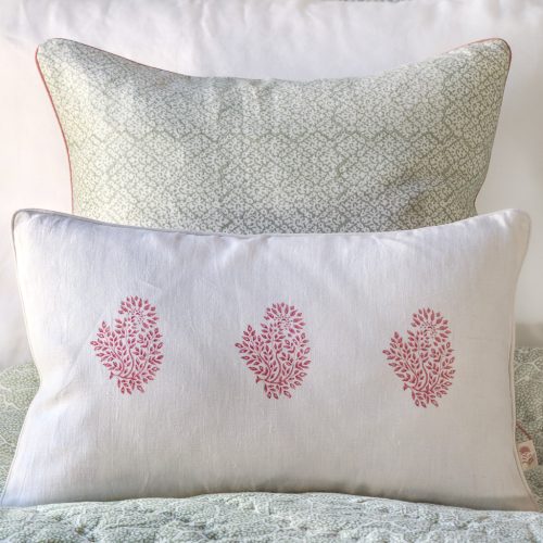 Hazel Cushion in Sage, Mira Cushion in Dark Dusty Pink, shenouk, block print cushions, indian block print, indian block print fabric, linen block print, linen cushions, indian textiles, indian block print cushions, linen cushions